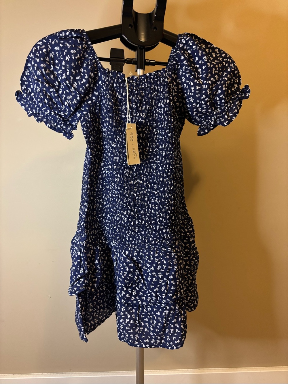 Sea + Sky Girls Size L Navy Blue Floral Smocked Puff Sleeve Dress NWT - Picture 2 of 6